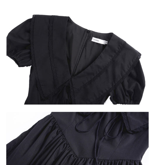 Vestido Negro Elegante con Cuello V y Mangas Abullonadas Estilo Francés - Image 5