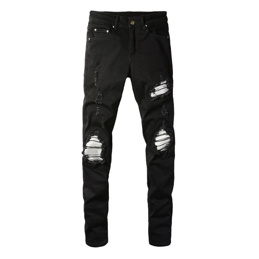 Jeans Slim Fit Rotos con Parches Plateados para Hombre - Image 2