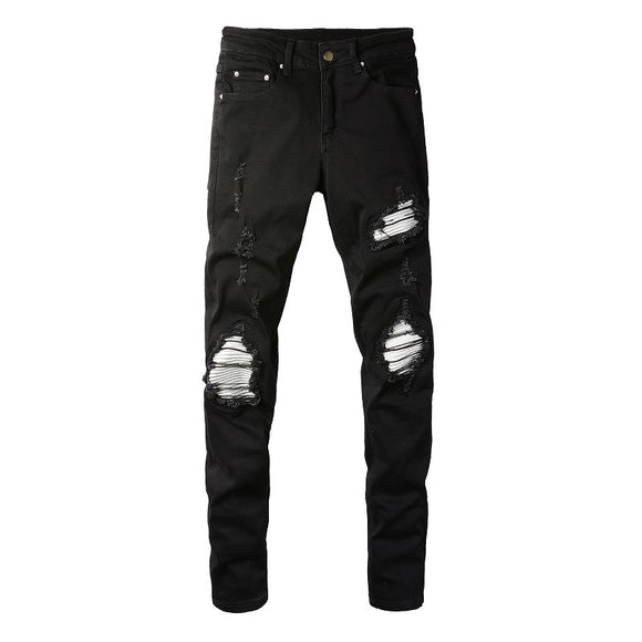 Jeans Slim Fit Rotos con Parches Plateados para Hombre