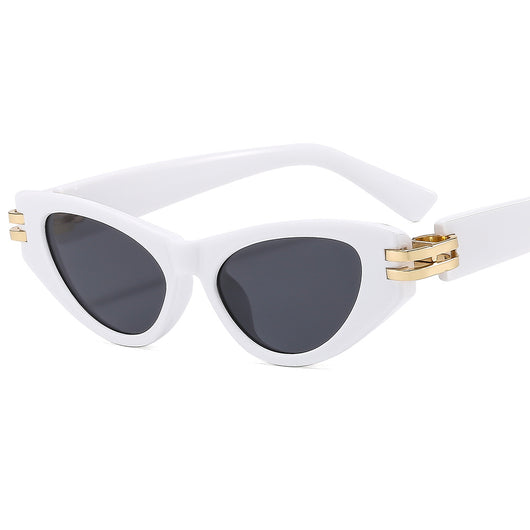 Black cat-eye sunglasses with dark gray lenses and gold-tone hinge accents on a white background. - Image 23