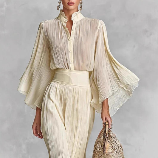 Conjunto Dos Piezas: Blusa Plisada con Mangas Anchas y Falda Maxi - Image 3