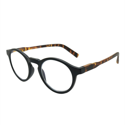 Round full-frame reading glasses with brown and clear striped pattern, featuring anti-blue light lenses.