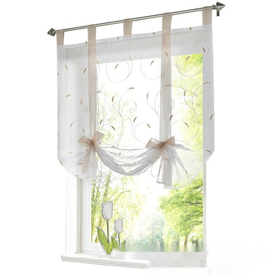 White sheer Roman window screen with red embroidered floral patterns and red ribbon ties, hanging from a silver rod. - Image 4