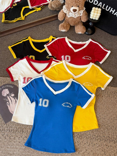 Blusa Retro Cuello V Contraste Hombros Descubiertos - Image 35