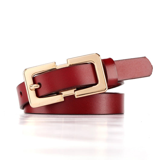 Thin dark brown cowhide leather belt with a gold-colored rectangular pin buckle on a white background. - Image 14
