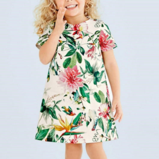 Vestido Infantil de Algodón con Estampado Floral Jacquard