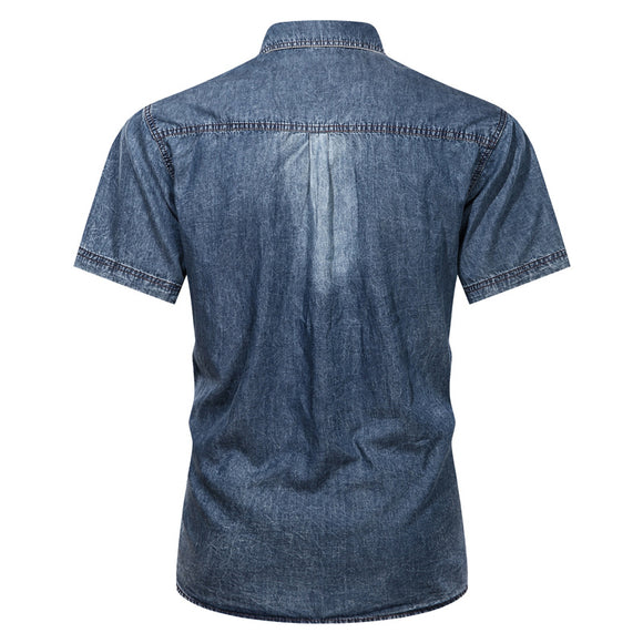 Camisa Denim Casual de Manga Corta para Hombre Talla Grande