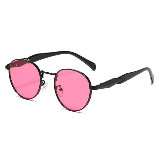 Silver metal round frame sunglasses with dark grey lenses and black temples, offering UV protection for women. - Image 10