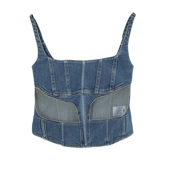 Musculosa Denim con Paneles de Malla para Mujer