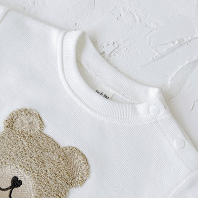 White long-sleeve baby hoodie with a brown bear print and matching ribbed beige sweatpants set. - Image 17