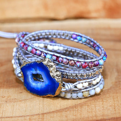 Pulsera de Cuero Trenzado Multicapa con Ágata Azul