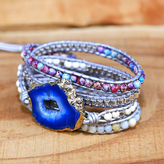 Pulsera de Cuero Trenzado Multicapa con Ágata Azul
