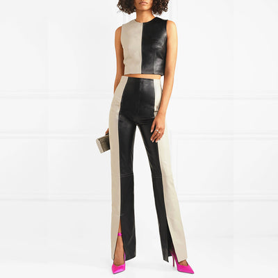 Pantalones PU Cuero Bicolor Cintura Alta Slim - Image 10
