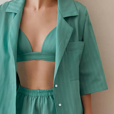 Pijama de Tres Piezas en Seda de Hielo con Rayas - Conjunto de Ropa de Casa para Mujer - Image 3