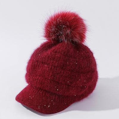 Gorro de Lana Cálido con Pompón de Pelaje de Conejo y Terciopelo - Image 6