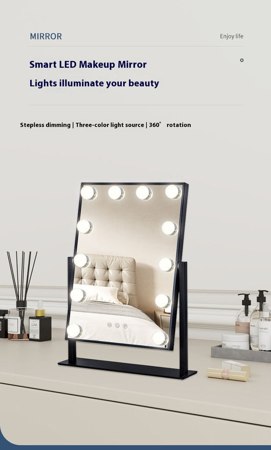 Black desktop LED light mirror with nine bright bulbs, smart touch controls, and stepless dimming for dressing. - Image 10