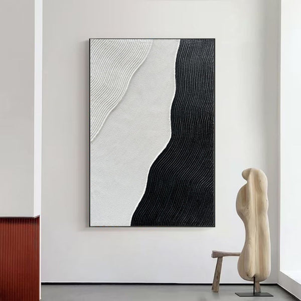 Cuadro Abstracto Minimalista en Blanco y Negro - Pintura al Óleo Texturizada Tamaño Grande