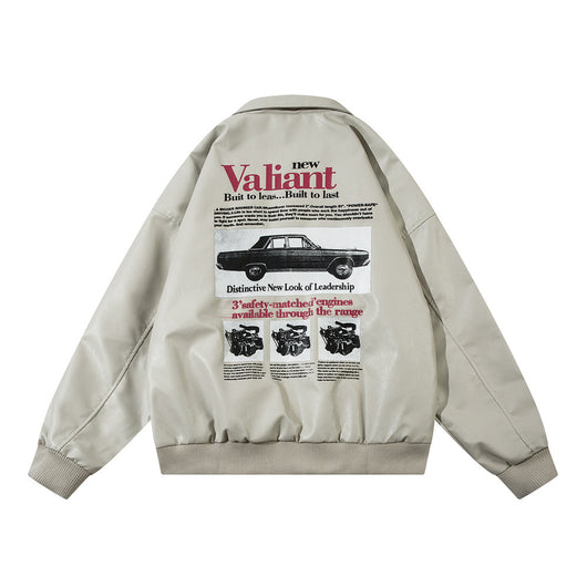 Chaqueta de Cuero PU Estilo Europeo Americano con Estampado Automotriz