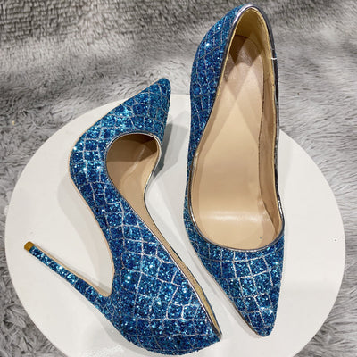Zapatos de Tacón Alto Azul con Lentejuelas para Bodas y Uso Diario - Image 12