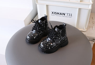 White toddler girls' boots with a holographic star pattern, lace-up front, and side zipper closure. - Image 12