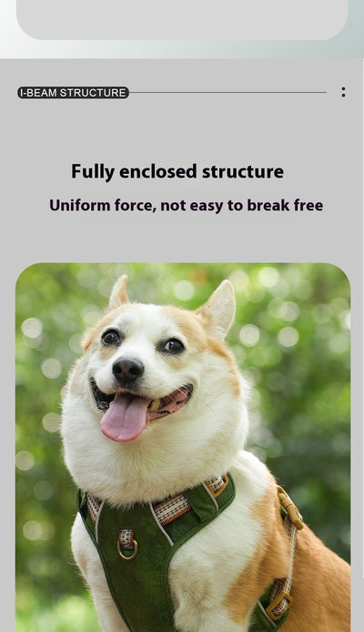 Brown leather pet harness with reflective stripes, adjustable tan buckles, and a gold D-ring on a white background. - Image 17