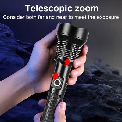 Linterna LED Telescópica XHP70 con Carga USB y Zoom Ajustable