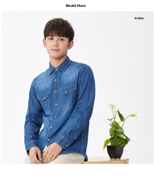 Camisa de Algodón Denim para Hombre de Manga Larga - Image 12