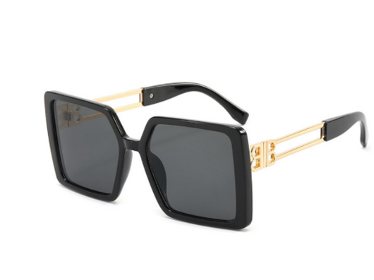 Women's large frame square sunglasses with black plastic frames, purple gradient lenses, and gold-tone metal temples. - Image 14