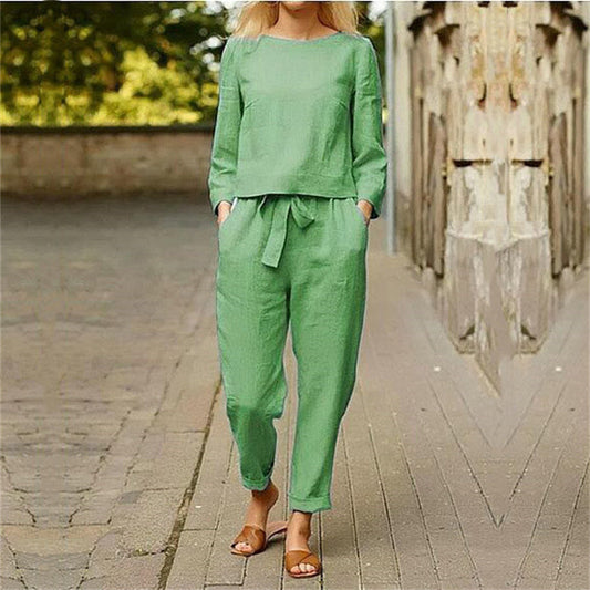 Traje Casual de Algodón y Lino para Mujer - Conjunto de Dos Piezas