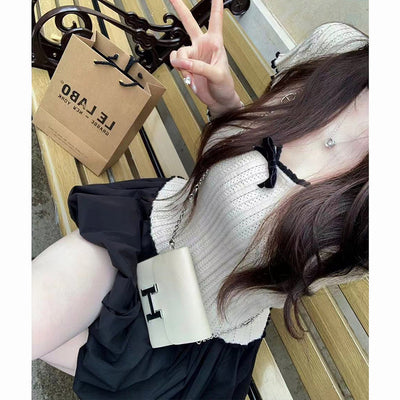 Blusa Corta Estilo Americano con Encaje y Lazo Contraste en Seda Helada - Image 4