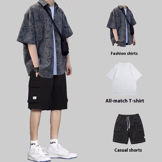 Conjunto de Tres Piezas Estilo Hong Kong - Camisa, Abrigo y Pantalones Cortos