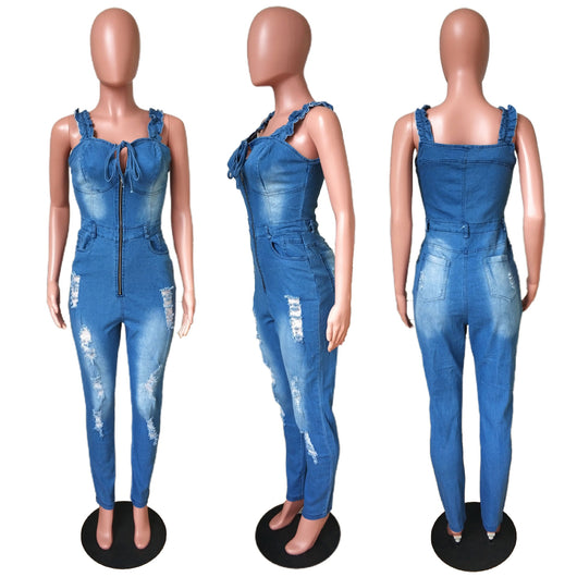 Mono Denim Blanco Ajustado con Encaje Plisado y Detalles Rotos para Mujer - Image 33