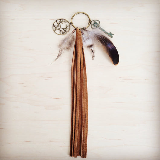**Boho Western Boot Bling Charm with Leather Fringe Cognac 500e