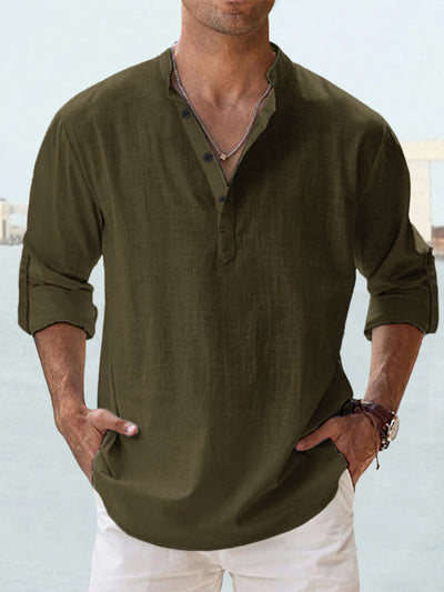 Camisa de Lino Hombre Cuello Mao Manga Larga Suelta - Image 14