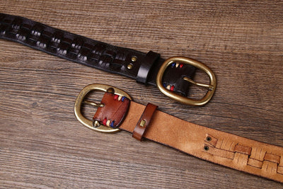 Cinturón de Cuero Tejido a Mano para Hombre con Hebilla de Latón Ajustable sin Perforaciones - Image 11