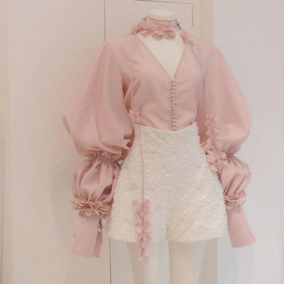Conjunto de Shorts y Blusa con Flores 3D para Mujer - Image 4