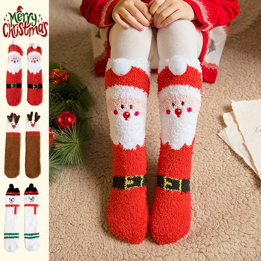 Calcetines Navideños Infantiles de Felpa Coral Antideslizantes con Diseños de Reno, Papá Noel y Muñeco de Nieve