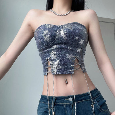 Sostén Vaquero con Lentejuelas Estrellas y Cadena Delgada - Diseño Hot Girl - Image 6
