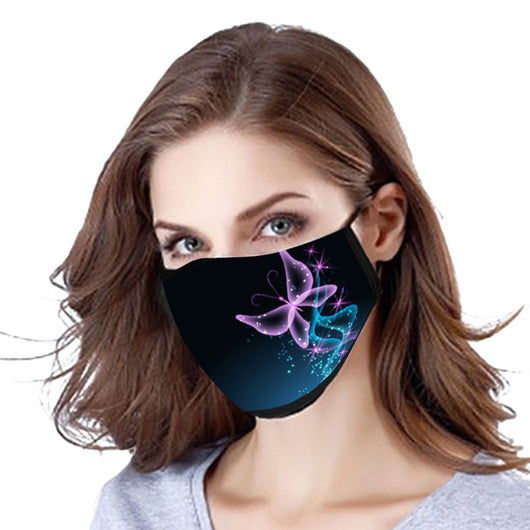 Black cotton face mask with a glowing pink butterfly and blue abstract pattern, worn by a woman. - Image 4