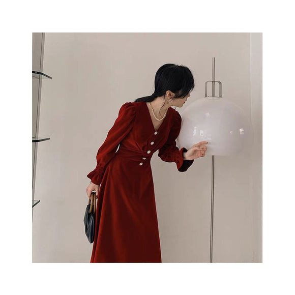 Vestido Rojo Francés con Cintura Ajustada