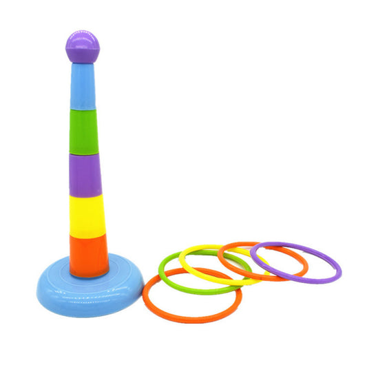 Colorful plastic bird ring toss toy with a stackable post and multiple rings, demonstrated by a lovebird. - Image 6