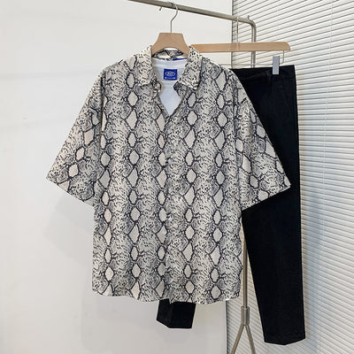 Camisa Casual Hombre Seda Helada Estampado Serpiente Manga Corta Elegante