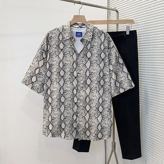 Camisa Casual Hombre Seda Helada Estampado Serpiente Manga Corta Elegante