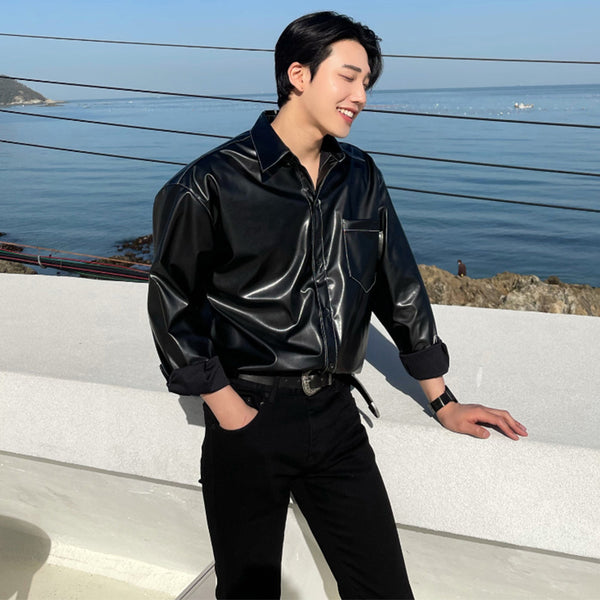 Chaqueta de Cuero Estilo Hong Kong con Camisa Manga Larga Japonesa