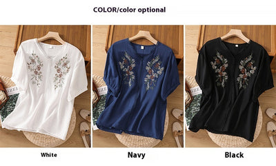 Blusa Suelta de Algodón y Lino con Escote V y Manga Corta para Mujer - Image 35