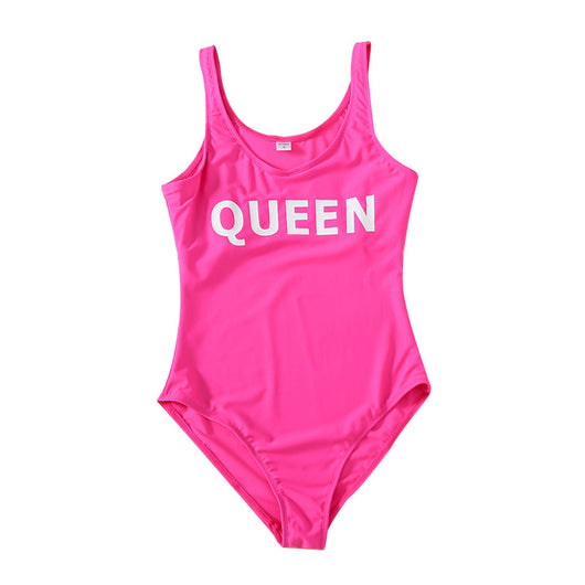 Rose pink one-piece swimsuit with 'QUEEN' printed in white on the front, featuring a scoop neck and tank straps. - Image 7