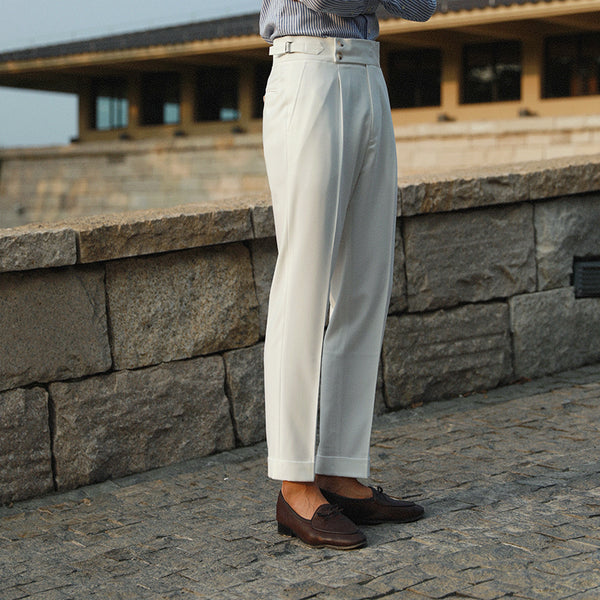 Pantalón Recto Talle Alto Blanco Estilo Italiano Clásico con Botones