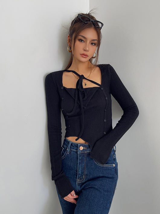 Blusa Larga con Cordones Irregulares y Superposición de Encaje - Image 5