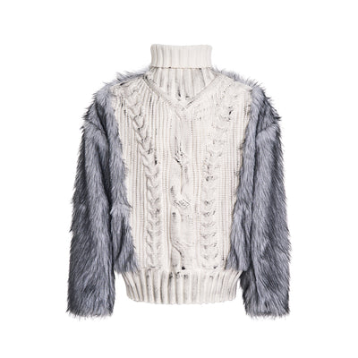 Suéter Cuello Alto Patchwork con Forro Grueso y Pelaje para Hombre - Image 9