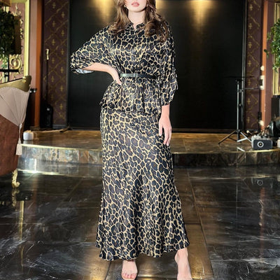Conjunto de Falda y Blusa Leopardo Manga Larga